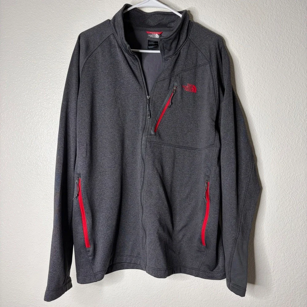 The North Face Mens XL Full Zip Fleece Jacket Charcoal Grey Red Logo CY451 S15